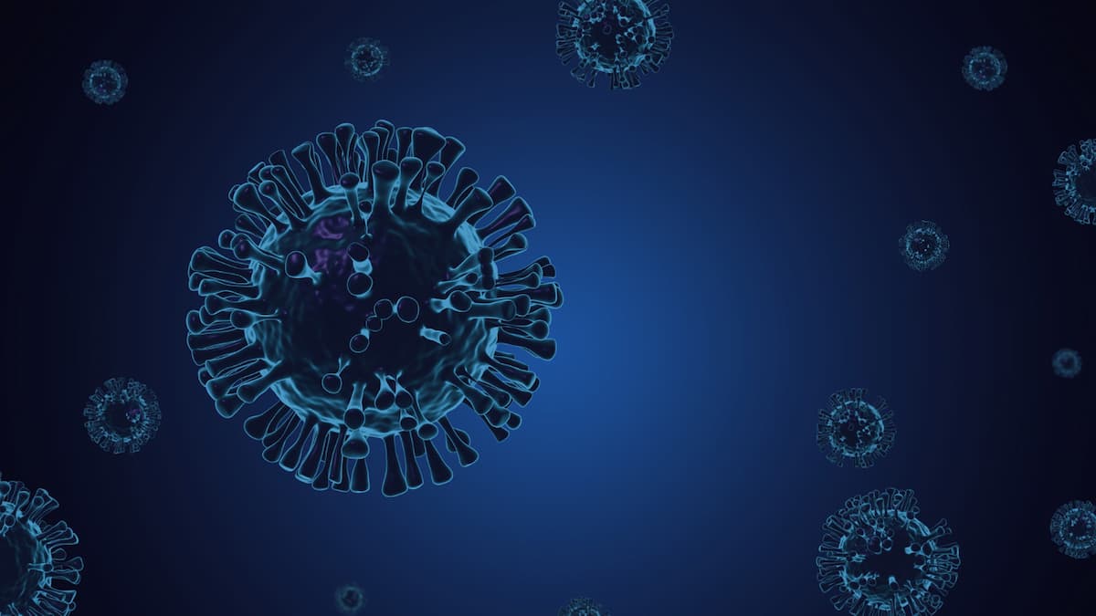 Covid-19, coronavírus, renderização de vírus 3d em segundo plano. Foto: Bandeira foto criado por tawatchai07 - br.freepik.com.