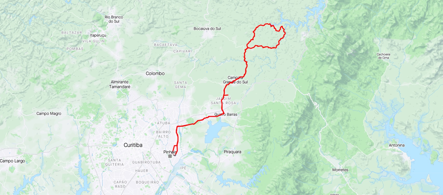 Mapa meramente ilustrativo de 'LONGÃO' de trajeto Pinhais/Bocaiuva do Sul/7 Porteiras num total de 105 km.